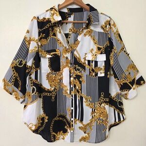 Torrid Handkerchief Chain Print Button Up Top Sz 2X Sheer Career Work Blouse